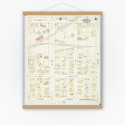 Old map wall art mockup — magnetic wood frame on white wall — Sanborn Fire Insurance Map from Mount Vernon, Knox County, Ohio (1913), Sheet #0016