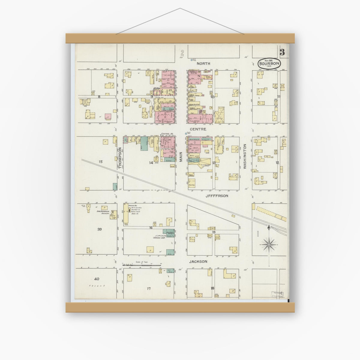 Old map wall art mockup — magnetic wood frame on white wall — Sanborn Fire Insurance Map from Bourbon, Marshall County, Indiana (1892), Sheet #0003