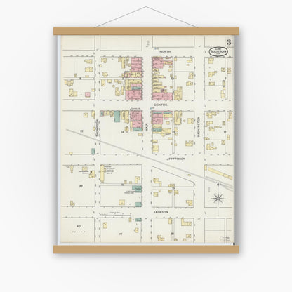 Old map wall art mockup — magnetic wood frame on white wall — Sanborn Fire Insurance Map from Bourbon, Marshall County, Indiana (1892), Sheet #0003