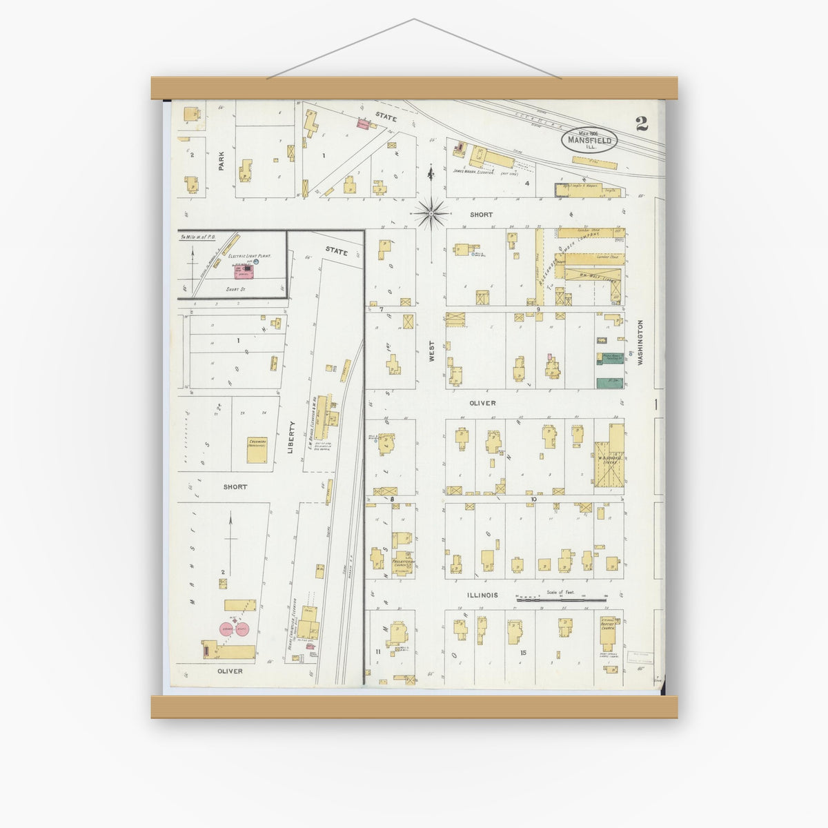 Old map wall art mockup — magnetic wood frame on white wall — Sanborn Fire Insurance Map from Mansfield, Piatt County, Illinois (1906), Sheet #0002