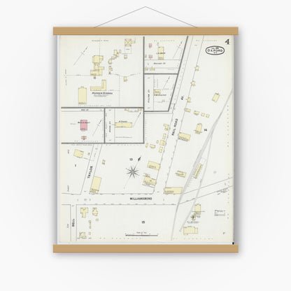 Old map wall art mockup — magnetic wood frame on white wall — Sanborn Fire Insurance Map from Oxford, Granville County, North Carolina (1892), Sheet #0004