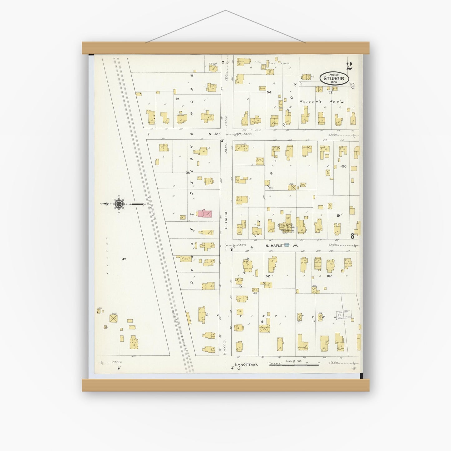 Old map wall art mockup — magnetic wood frame on white wall — Sanborn Fire Insurance Map from Sturgis, Saint Joseph County, Michigan (1911), Sheet #0002