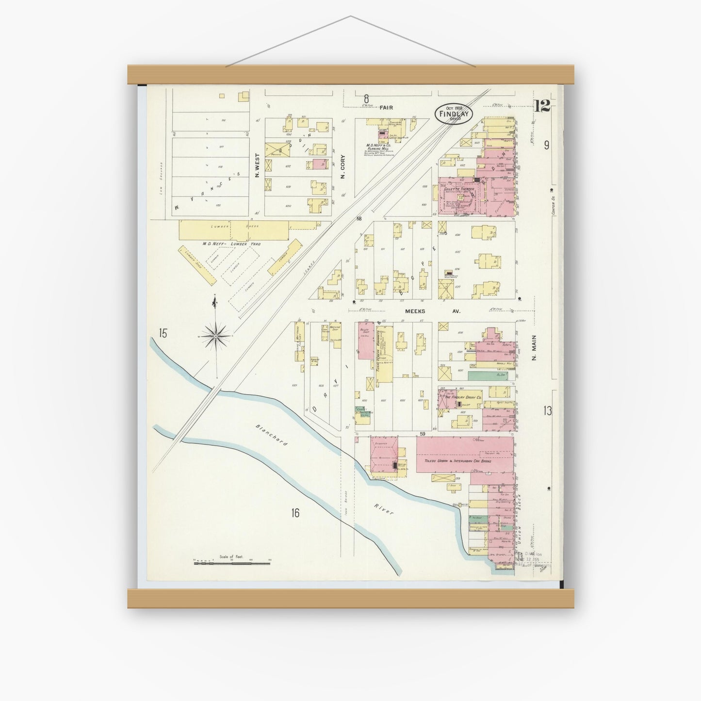Old map wall art mockup — magnetic wood frame on white wall — Sanborn Fire Insurance Map from Findlay, Hancock County, Ohio (1908), Sheet #0012