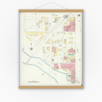 Old map wall art mockup — magnetic wood frame on white wall — Sanborn Fire Insurance Map from Findlay, Hancock County, Ohio (1908), Sheet #0012