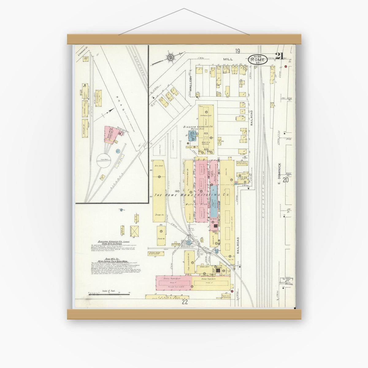 Old map wall art mockup — magnetic wood frame on white wall — Sanborn Fire Insurance Map from Rome, Oneida County, New York (1914), Sheet #0021