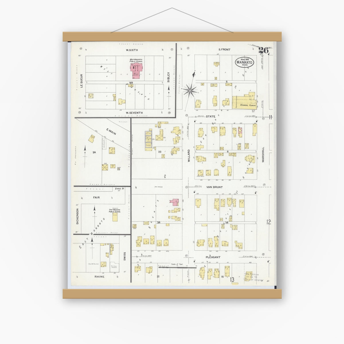 Old map wall art mockup — magnetic wood frame on white wall — Sanborn Fire Insurance Map from Mankato, Blue Earth County, Minnesota (1908), Sheet #0026