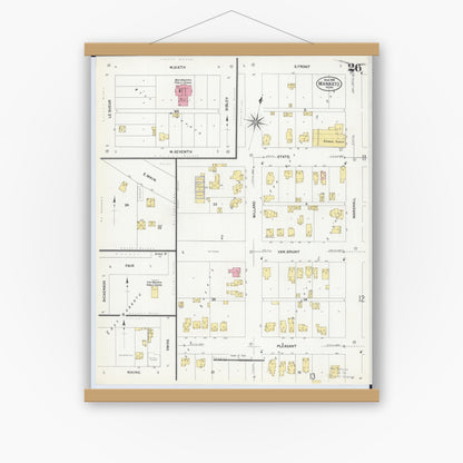 Old map wall art mockup — magnetic wood frame on white wall — Sanborn Fire Insurance Map from Mankato, Blue Earth County, Minnesota (1908), Sheet #0026