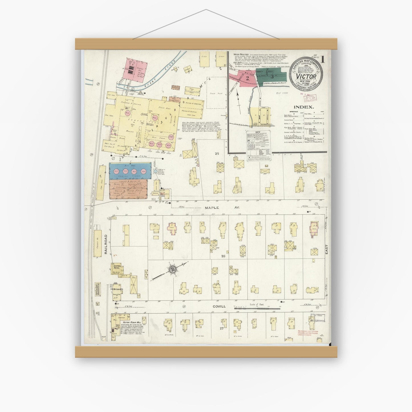 Old map wall art mockup — magnetic wood frame on white wall — Sanborn Fire Insurance Map from Victor, Ontario County, New York (1909), Sheet #0001