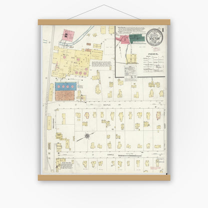 Old map wall art mockup — magnetic wood frame on white wall — Sanborn Fire Insurance Map from Victor, Ontario County, New York (1909), Sheet #0001