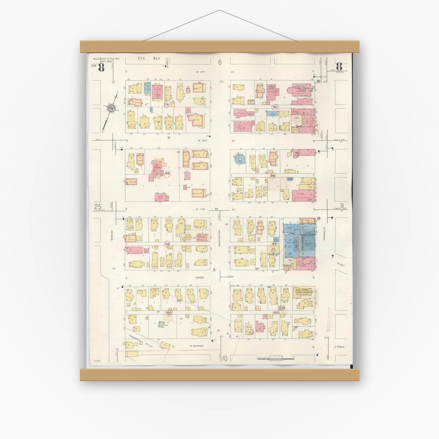 Old map wall art mockup — magnetic wood frame on white wall — Sanborn Fire Insurance Map from Michigan City, La Porte County, Indiana (1948), Sheet #0008