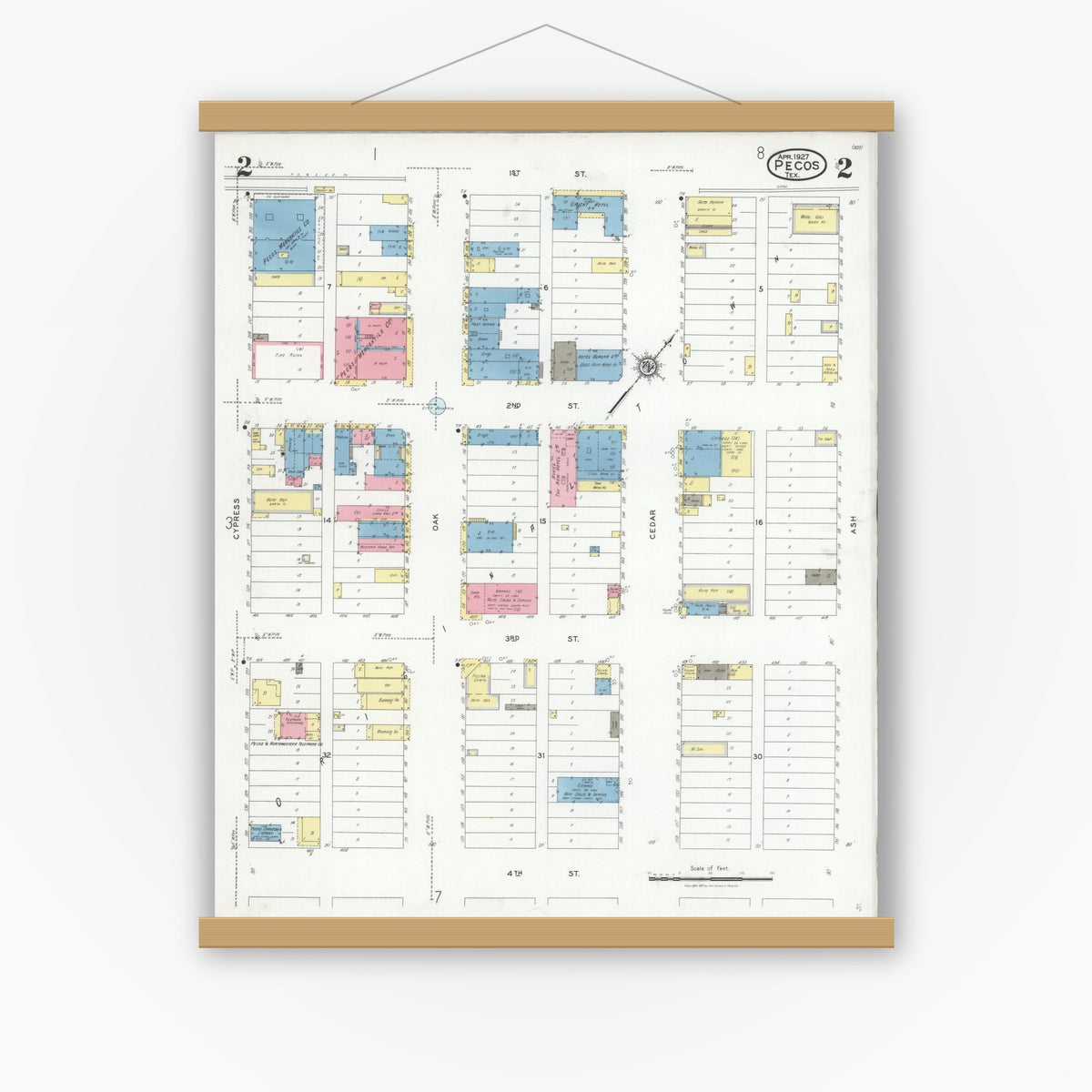 Old map wall art mockup — magnetic wood frame on white wall — Sanborn Fire Insurance Map from Pecos, Reeves County, Texas (1927), Sheet #0002