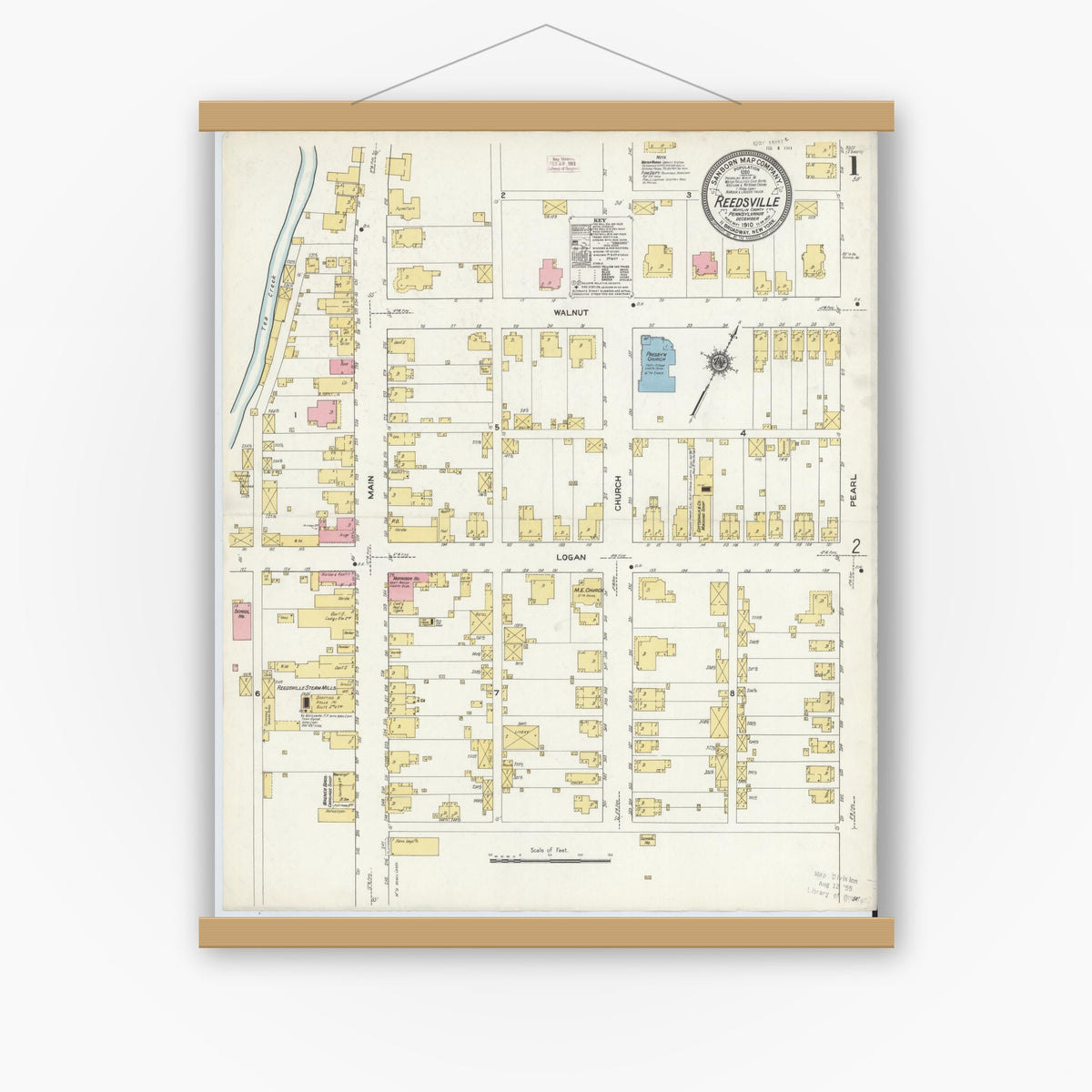 Old map wall art mockup — magnetic wood frame on white wall — Sanborn Fire Insurance Map from Reedsville, Mifflin County, Pennsylvania (1910) - Complete Map Set