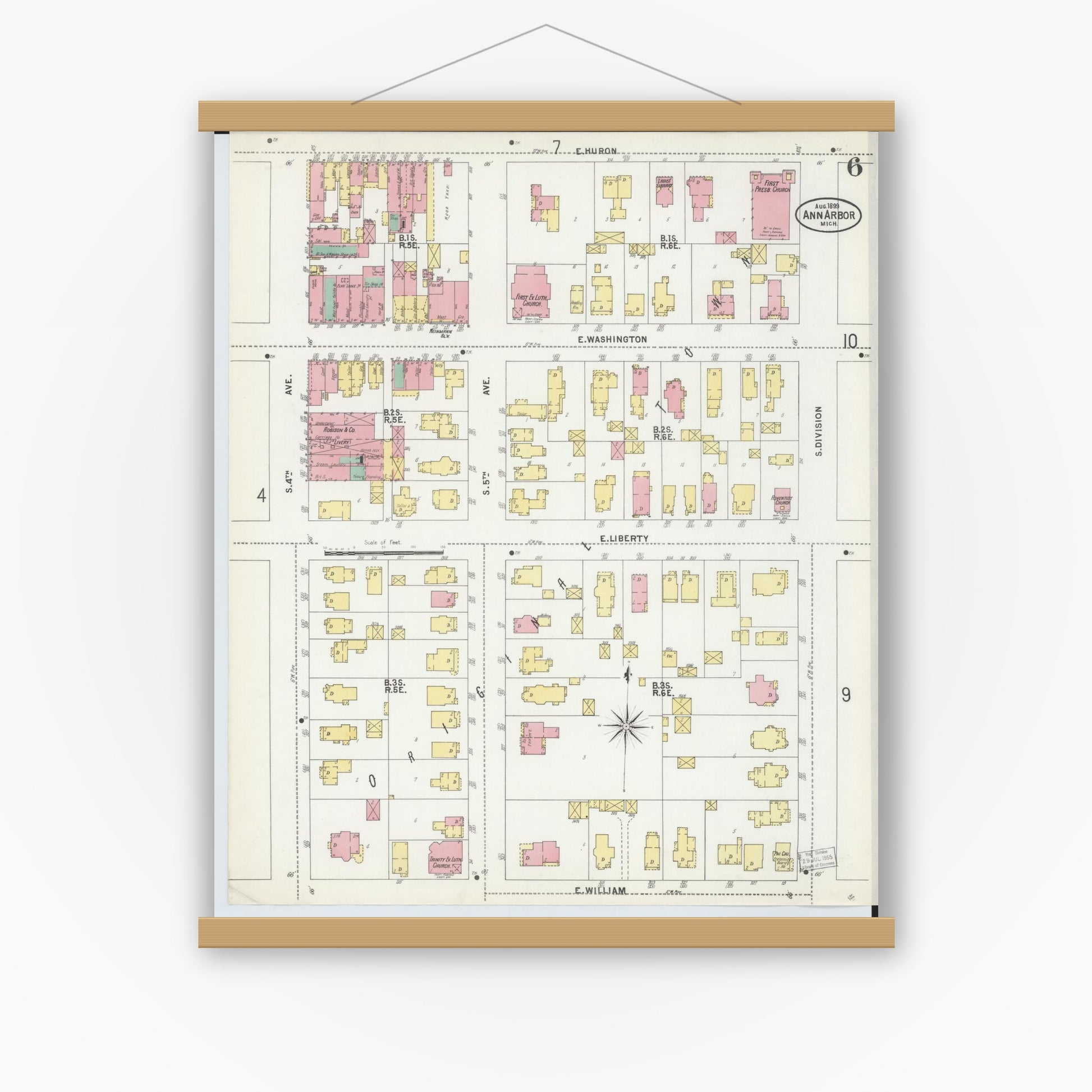 Old map wall art mockup — magnetic wood frame on white wall — Sanborn Fire Insurance Map from Ann Arbor, Washtenaw County, Michigan (1899), Sheet #0006