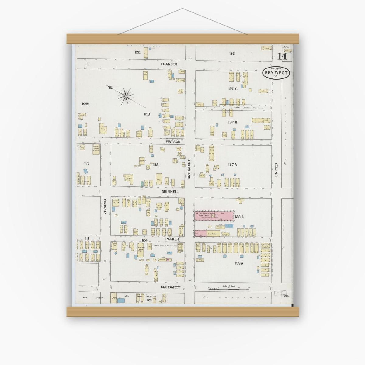 Old map wall art mockup — magnetic wood frame on white wall — Sanborn Fire Insurance Map from Key West, Monroe County, Florida (1889), Sheet #0014
