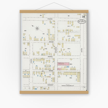 Old map wall art mockup — magnetic wood frame on white wall — Sanborn Fire Insurance Map from Key West, Monroe County, Florida (1889), Sheet #0014