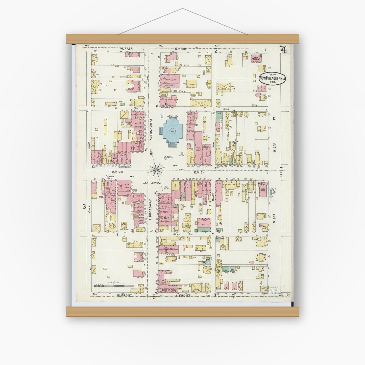 Old map wall art mockup — magnetic wood frame on white wall — Sanborn Fire Insurance Map from New Philadelphia, Tuscarawas County, Ohio (1896), Sheet #0004
