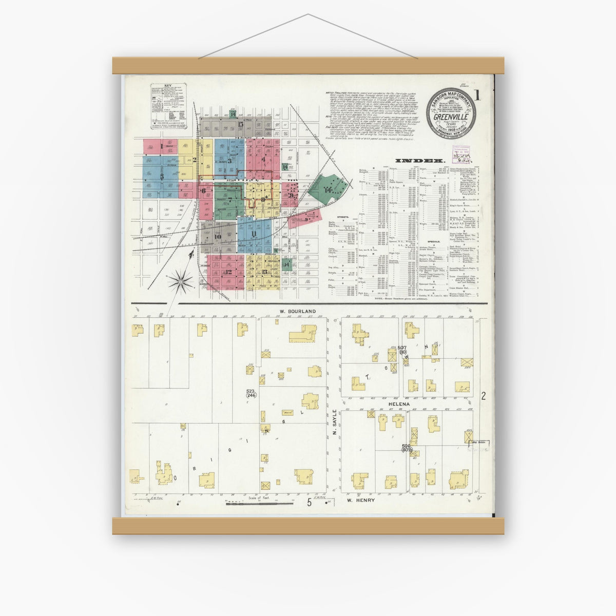 Old map wall art mockup — magnetic wood frame on white wall — Sanborn Fire Insurance Map from Greenville, Hunt County, Texas (1909) - Complete Map Set