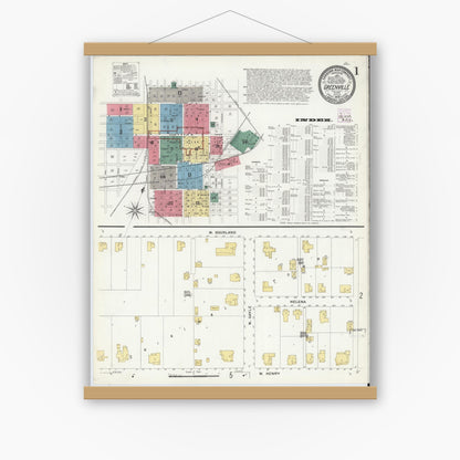 Old map wall art mockup — magnetic wood frame on white wall — Sanborn Fire Insurance Map from Greenville, Hunt County, Texas (1909) - Complete Map Set
