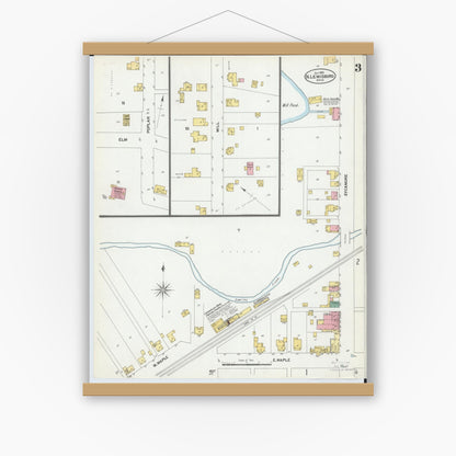 Old map wall art mockup — magnetic wood frame on white wall — Sanborn Fire Insurance Map from North Lewisburg, Champaign County, Ohio (1901), Sheet #0003