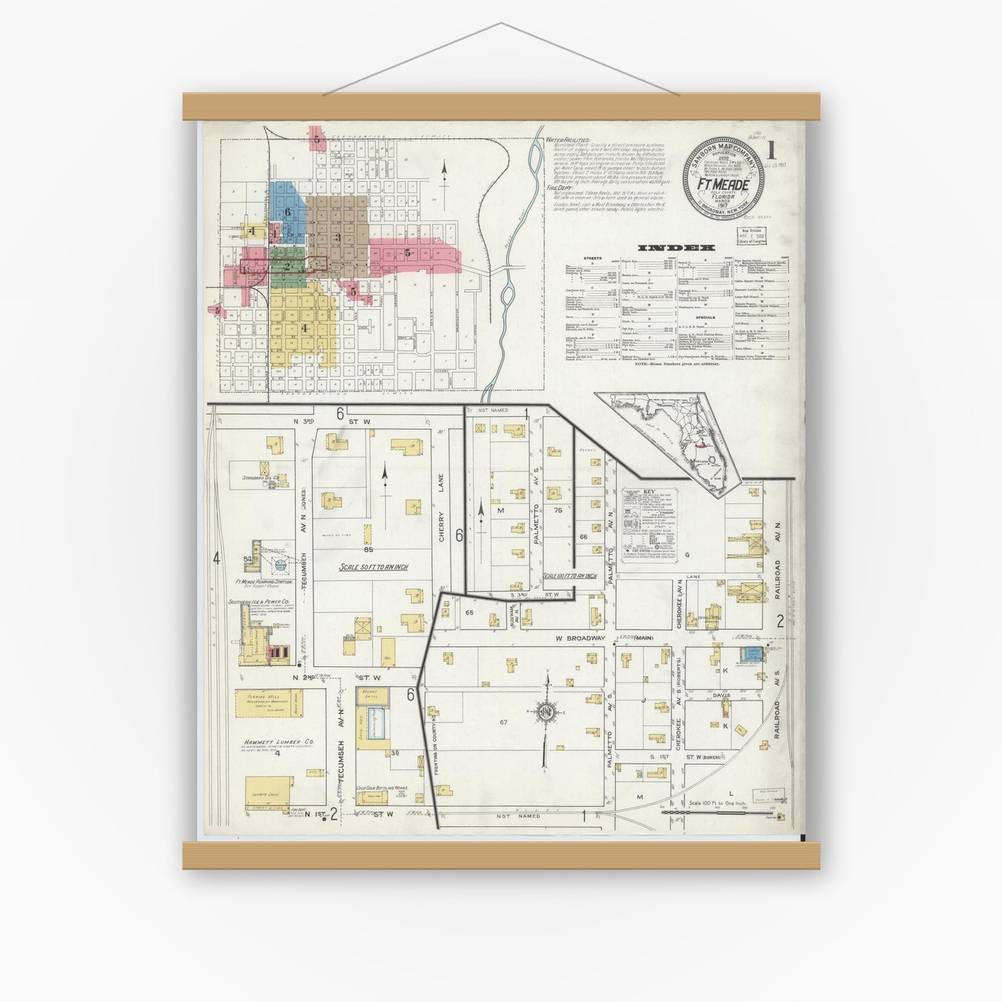 Old map wall art mockup — magnetic wood frame on white wall — Sanborn Fire Insurance Map from Fort Meade, Polk County, Florida (1917), Sheet #0001