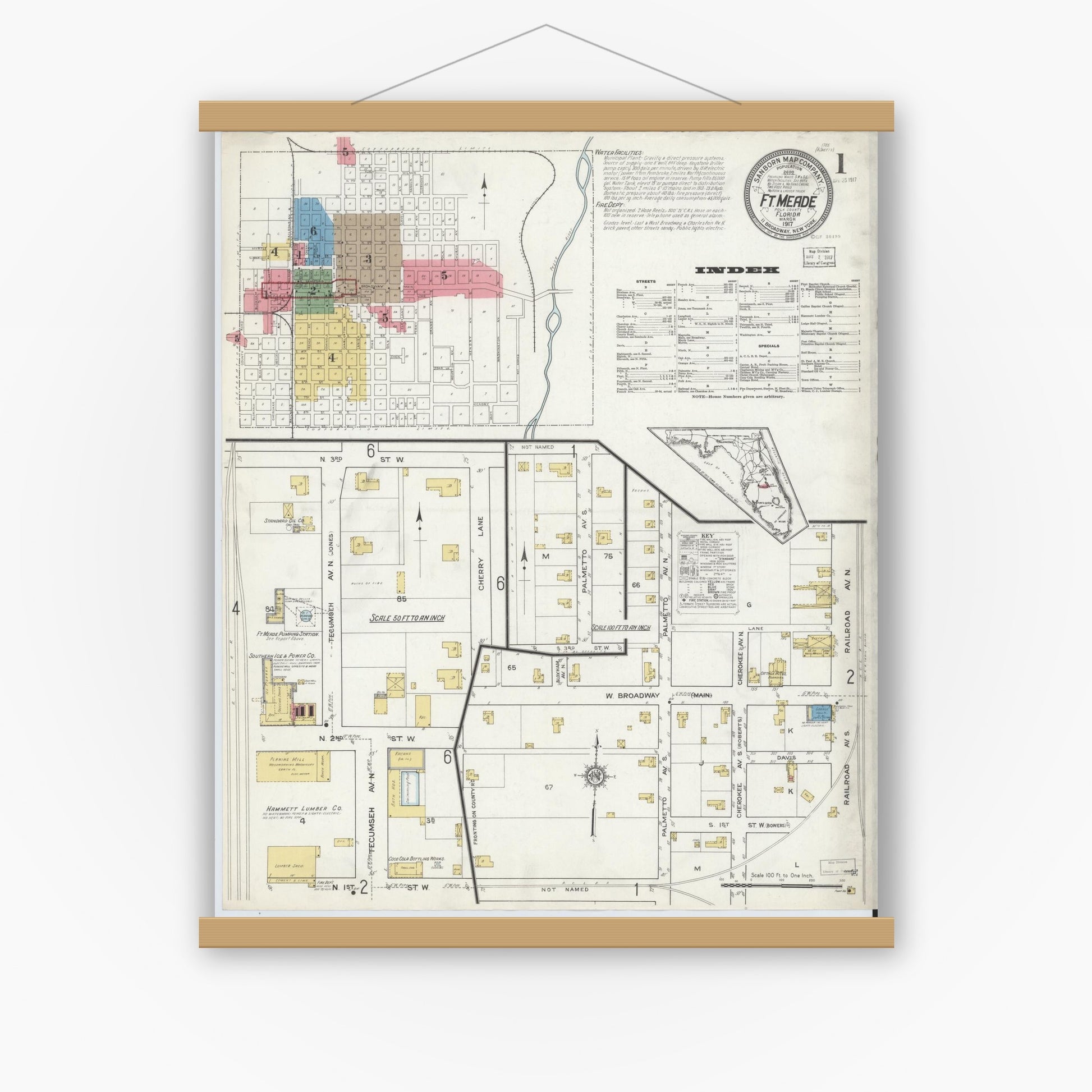 Old map wall art mockup — magnetic wood frame on white wall — Sanborn Fire Insurance Map from Fort Meade, Polk County, Florida (1917), Sheet #0001