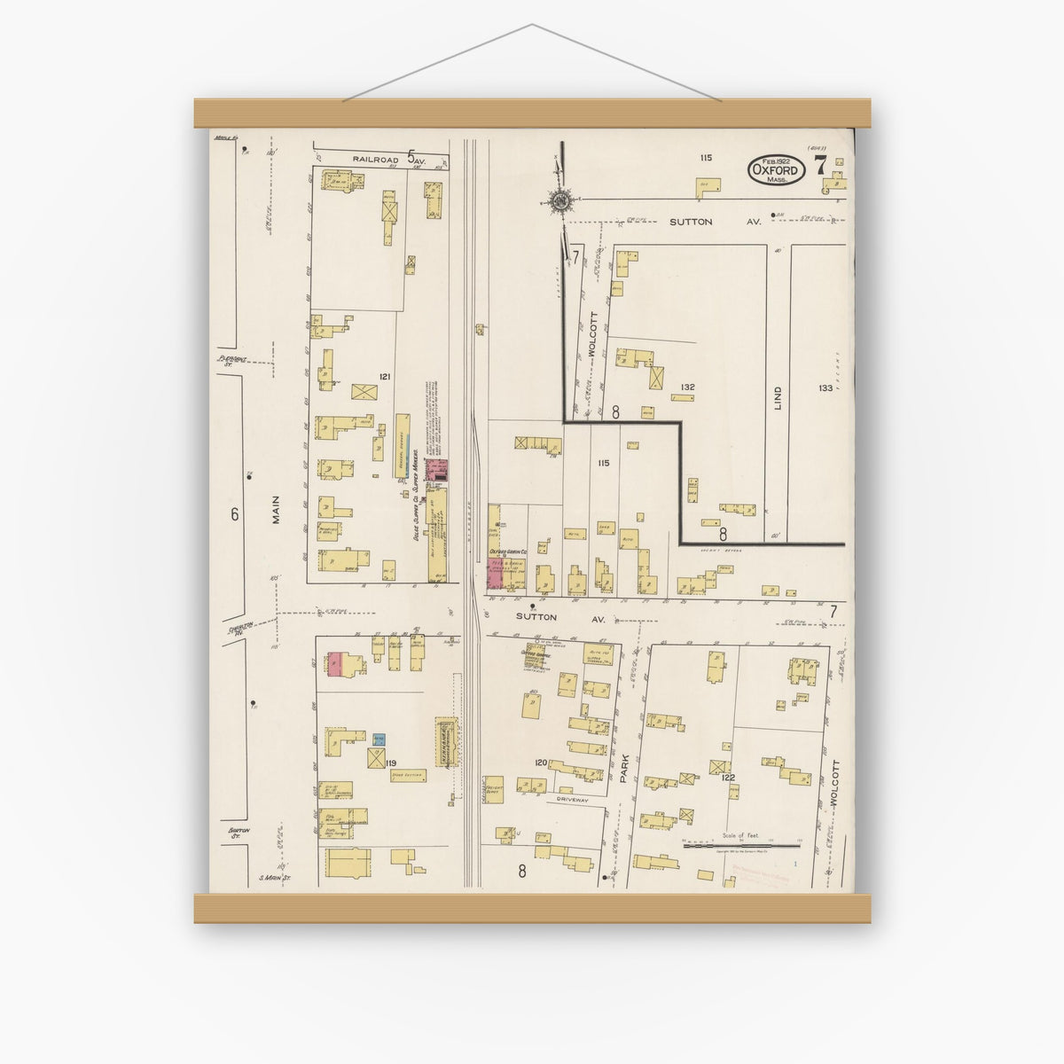 Old map wall art mockup — magnetic wood frame on white wall — Sanborn Fire Insurance Map from Oxford, Worcester County, Massachusetts (1922), Sheet #0007