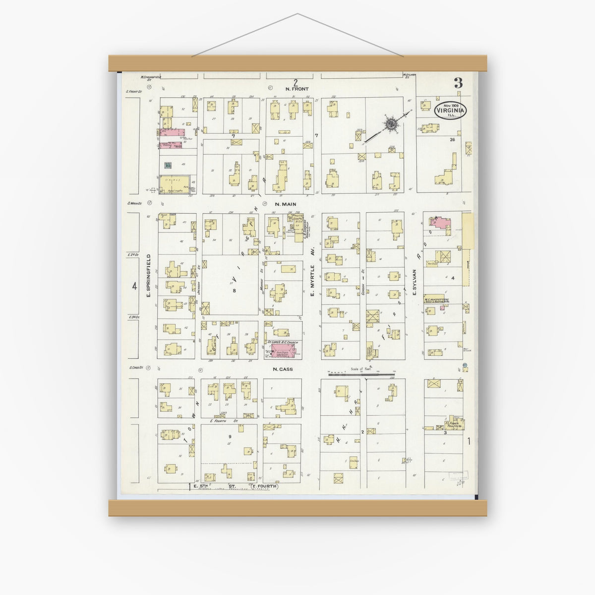 Old map wall art mockup — magnetic wood frame on white wall — Sanborn Fire Insurance Map from Virginia, Cass County, Illinois (1909), Sheet #0003