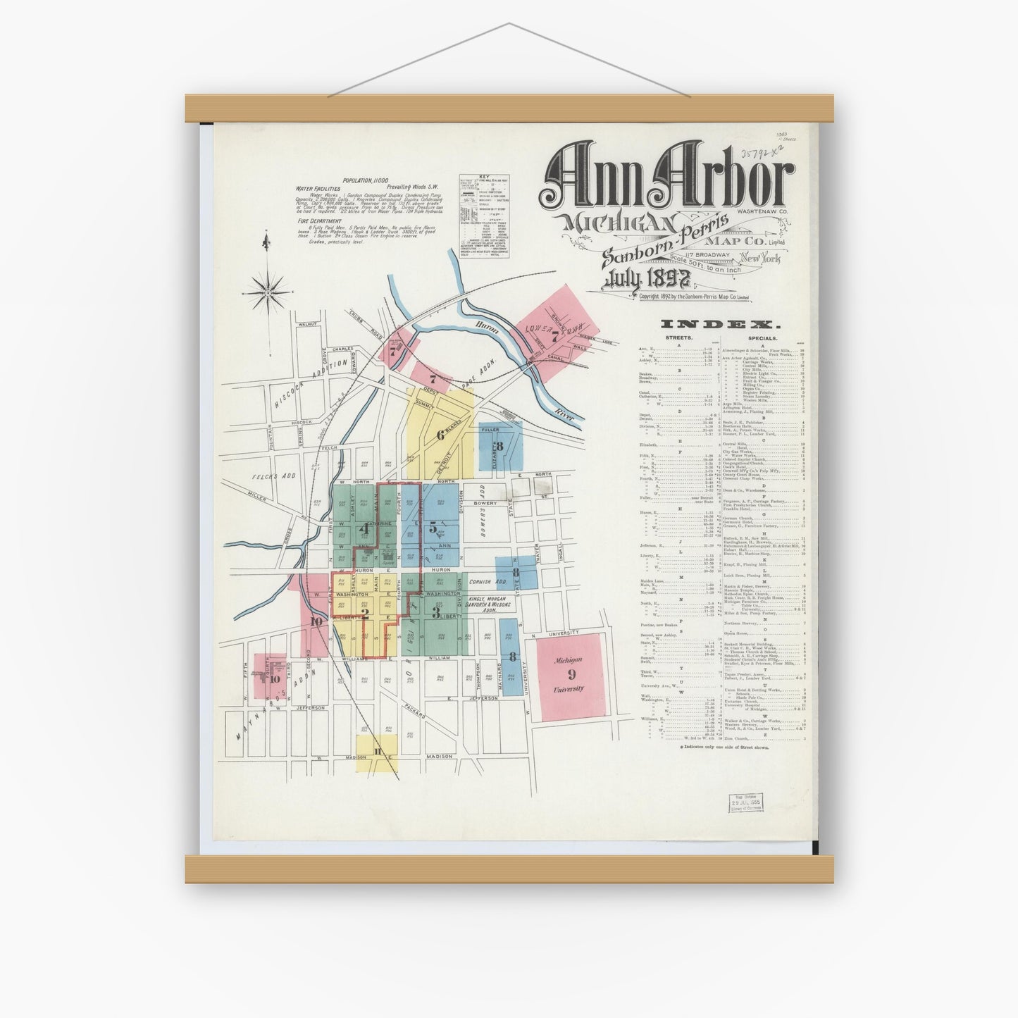 Old map wall art mockup — magnetic wood frame on white wall — Sanborn Fire Insurance Map from Ann Arbor, Washtenaw County, Michigan (1892), Sheet #0001