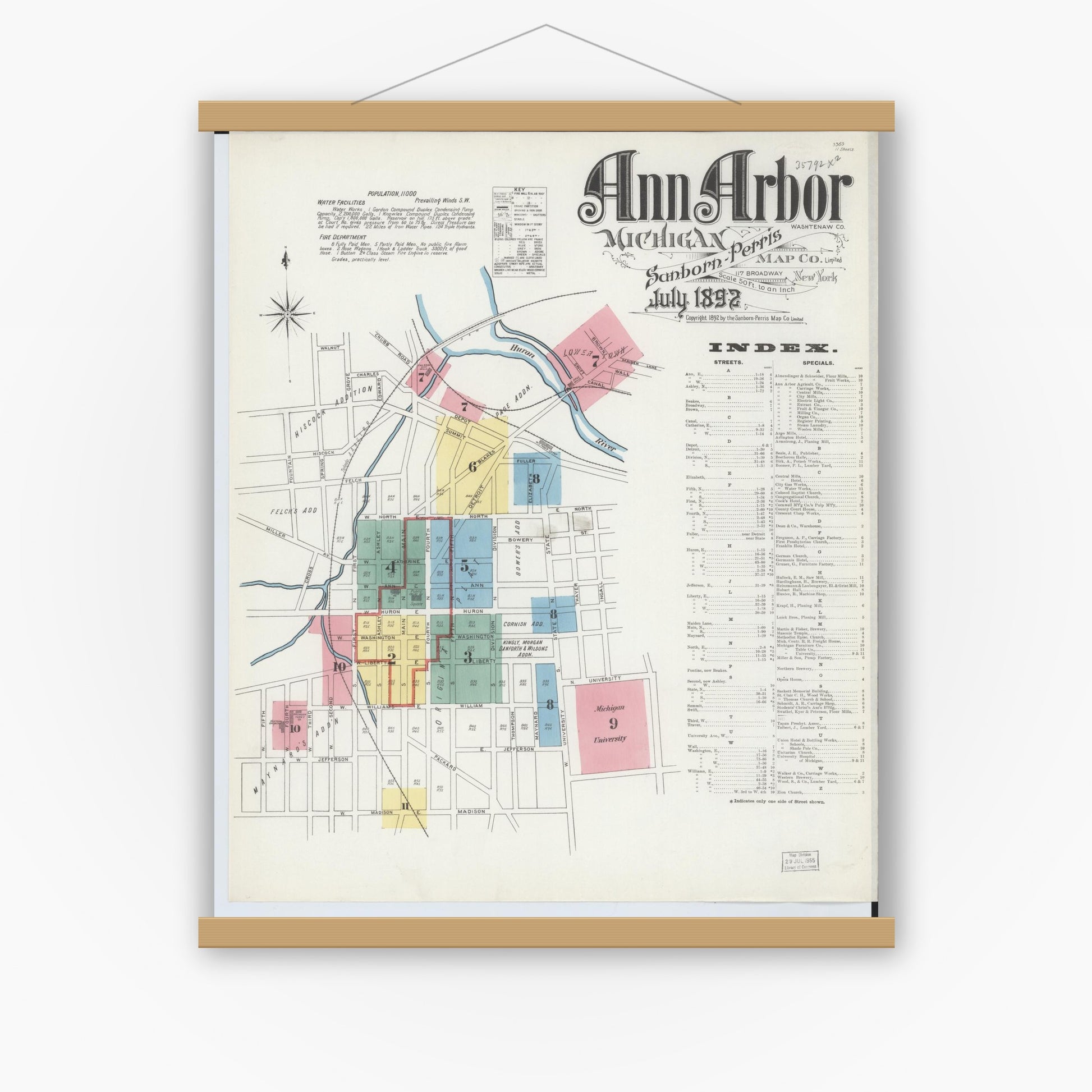 Old map wall art mockup — magnetic wood frame on white wall — Sanborn Fire Insurance Map from Ann Arbor, Washtenaw County, Michigan (1892), Sheet #0001