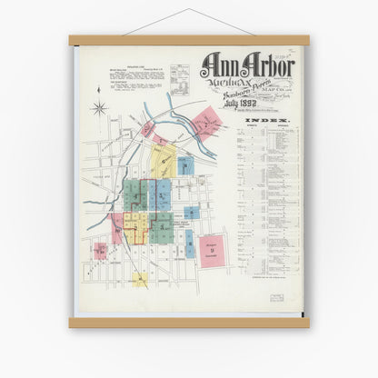 Old map wall art mockup — magnetic wood frame on white wall — Sanborn Fire Insurance Map from Ann Arbor, Washtenaw County, Michigan (1892), Sheet #0001