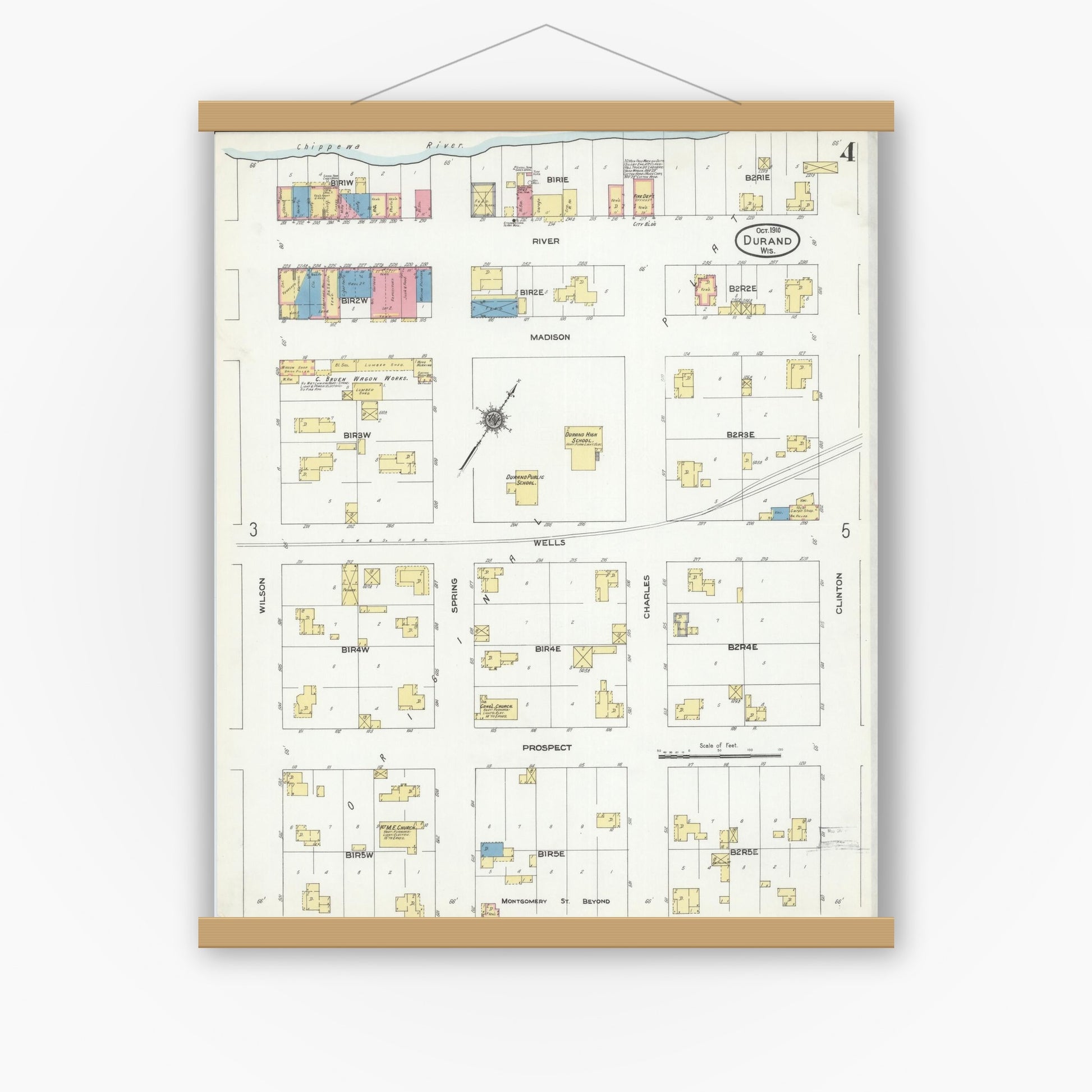 Old map wall art mockup — magnetic wood frame on white wall — Sanborn Fire Insurance Map from Durand, Pepin County, Wisconsin (1910), Sheet #0004