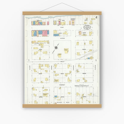 Old map wall art mockup — magnetic wood frame on white wall — Sanborn Fire Insurance Map from Durand, Pepin County, Wisconsin (1910), Sheet #0004