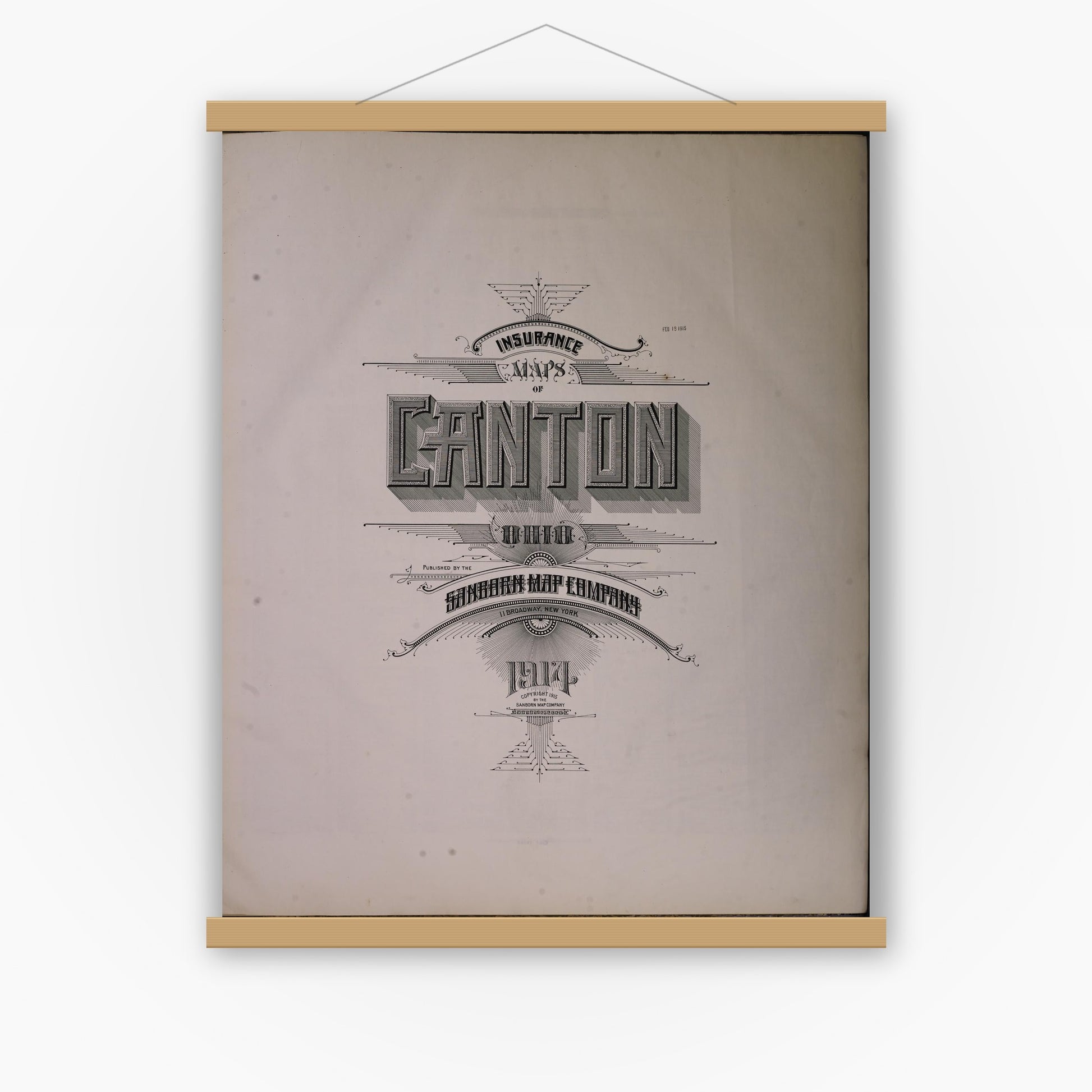 Old map wall art mockup — magnetic wood frame on white wall — Sanborn Fire Insurance Map from Canton, Stark County, Ohio (1914), Sheet #0001