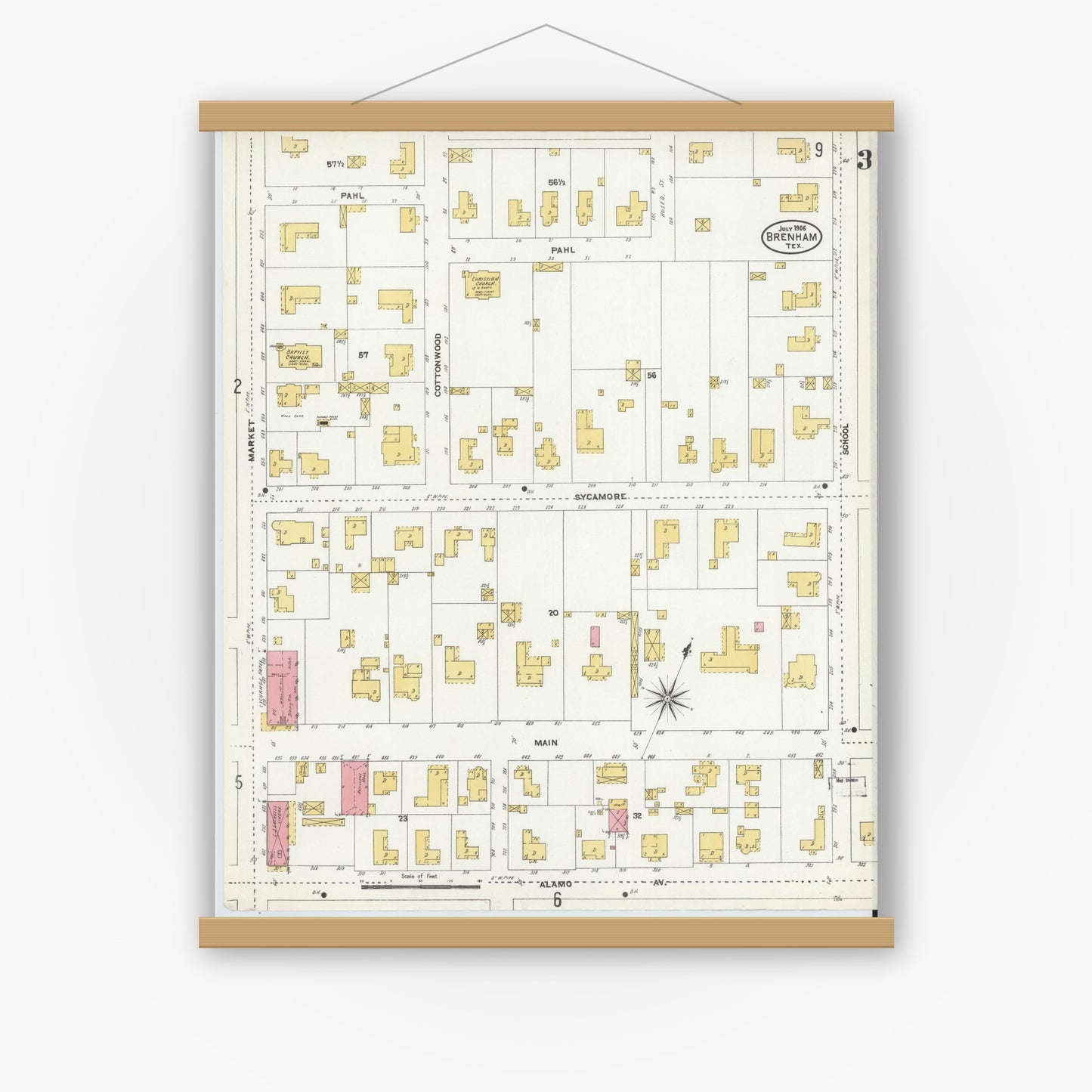 Old map wall art mockup — magnetic wood frame on white wall — Sanborn Fire Insurance Map from Brenham, Washington County, Texas (1906), Sheet #0003