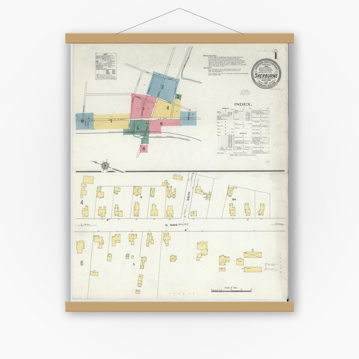 Old map wall art mockup — magnetic wood frame on white wall — Sanborn Fire Insurance Map from Sherburne, Chenango County, New York (1911), Sheet #0001