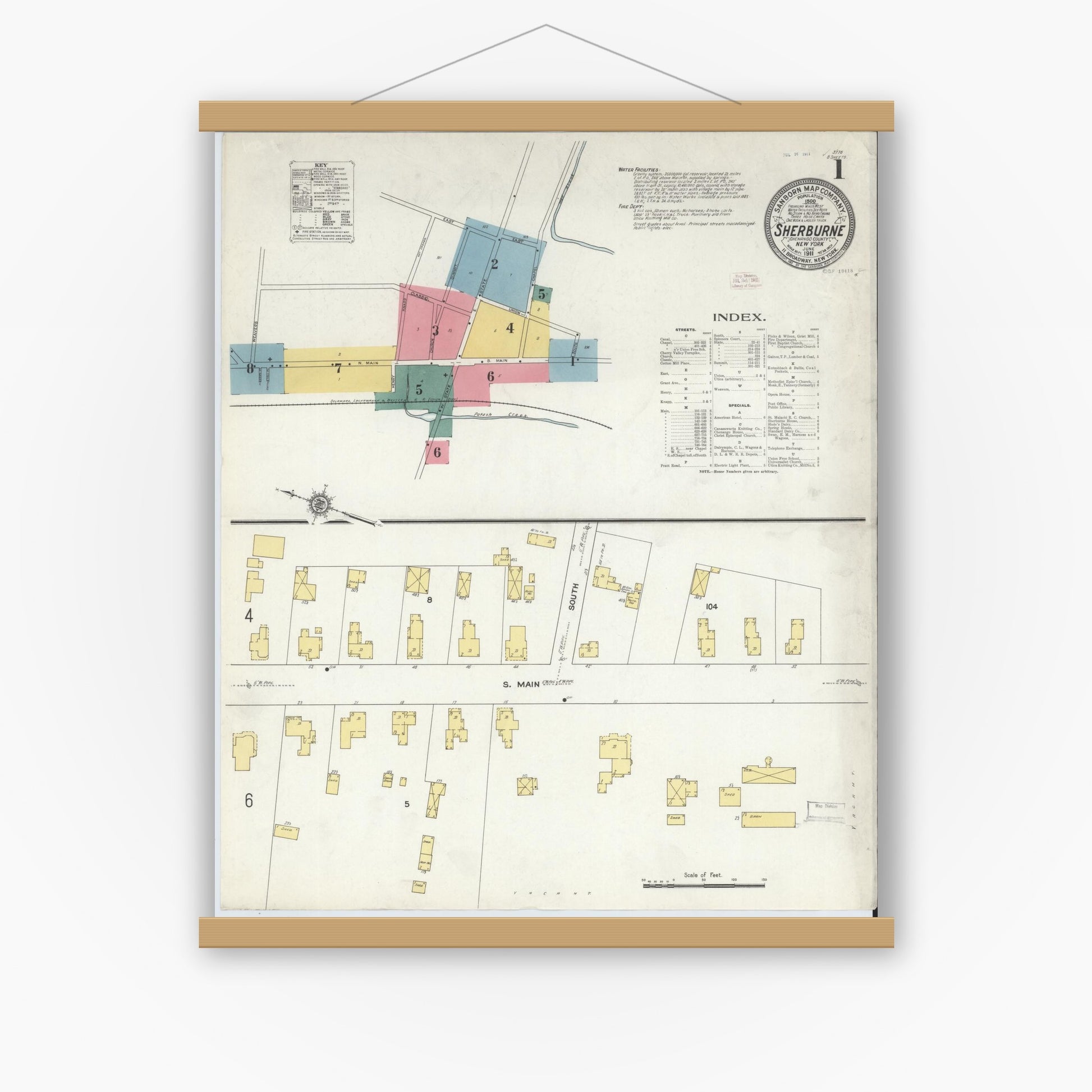 Old map wall art mockup — magnetic wood frame on white wall — Sanborn Fire Insurance Map from Sherburne, Chenango County, New York (1911), Sheet #0001