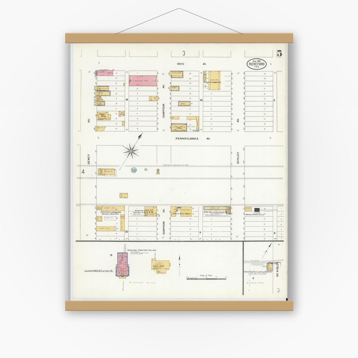 Old map wall art mockup — magnetic wood frame on white wall — Sanborn Fire Insurance Map from Hereford, Deaf Smith County, Texas (1908), Sheet #0005