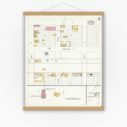 Old map wall art mockup — magnetic wood frame on white wall — Sanborn Fire Insurance Map from Hereford, Deaf Smith County, Texas (1908), Sheet #0005