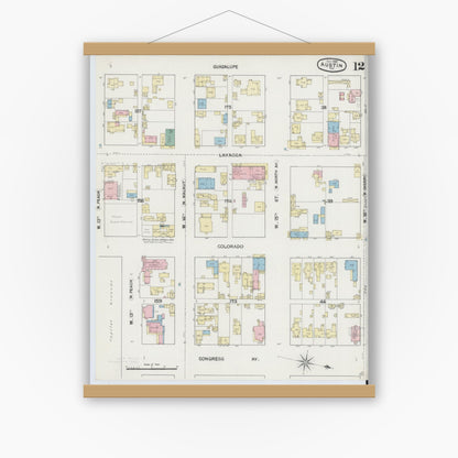 Old map wall art mockup — magnetic wood frame on white wall — Sanborn Fire Insurance Map from Austin, Travis County, Texas (1889), Sheet #0012
