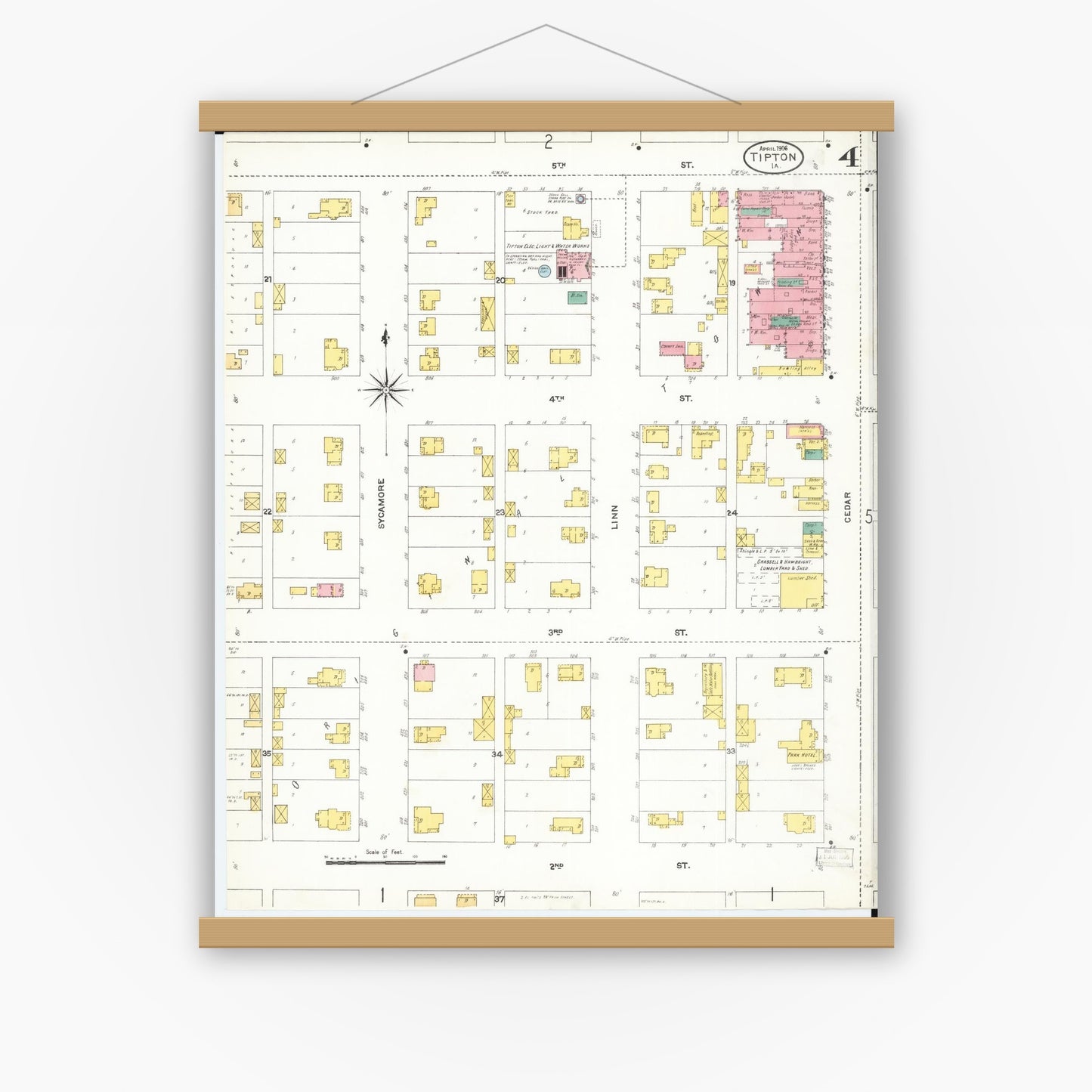 Old map wall art mockup — magnetic wood frame on white wall — Sanborn Fire Insurance Map from Tipton, Cedar County, Iowa (1906), Sheet #0004