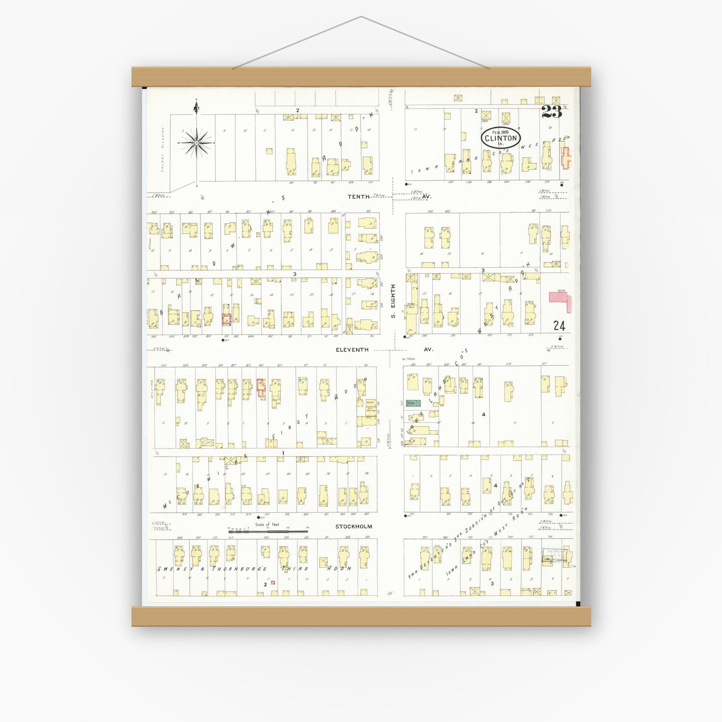 Old map wall art mockup — magnetic wood frame on white wall — Sanborn Fire Insurance Map from Clinton, Clinton County, Iowa (1909), Sheet #0023