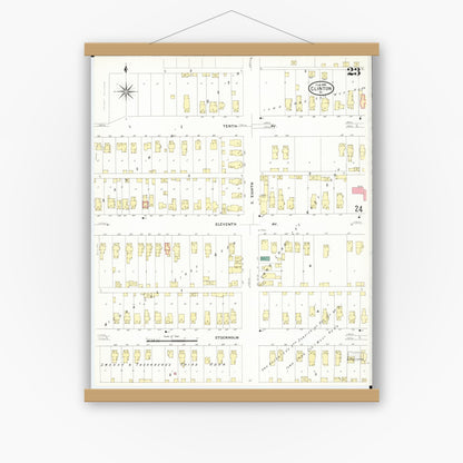 Old map wall art mockup — magnetic wood frame on white wall — Sanborn Fire Insurance Map from Clinton, Clinton County, Iowa (1909), Sheet #0023