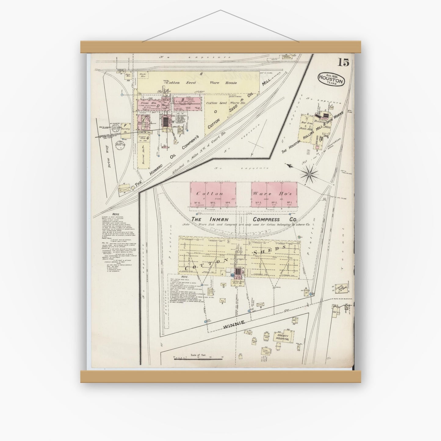 Old map wall art mockup — magnetic wood frame on white wall — Sanborn Fire Insurance Map from Houston, Harris County, Texas (1885), Sheet #0015