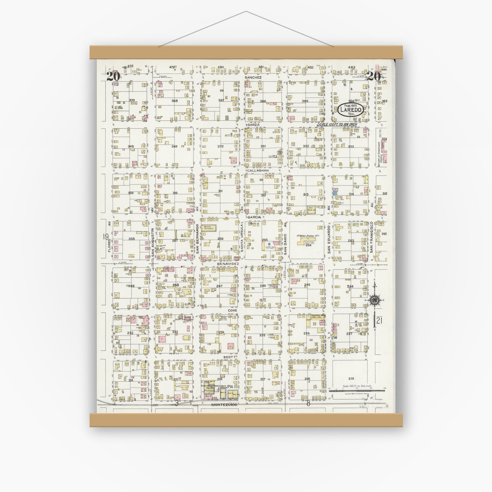 Old map wall art mockup — magnetic wood frame on white wall — Sanborn Fire Insurance Map from Laredo, Webb County, Texas (1925), Sheet #0020