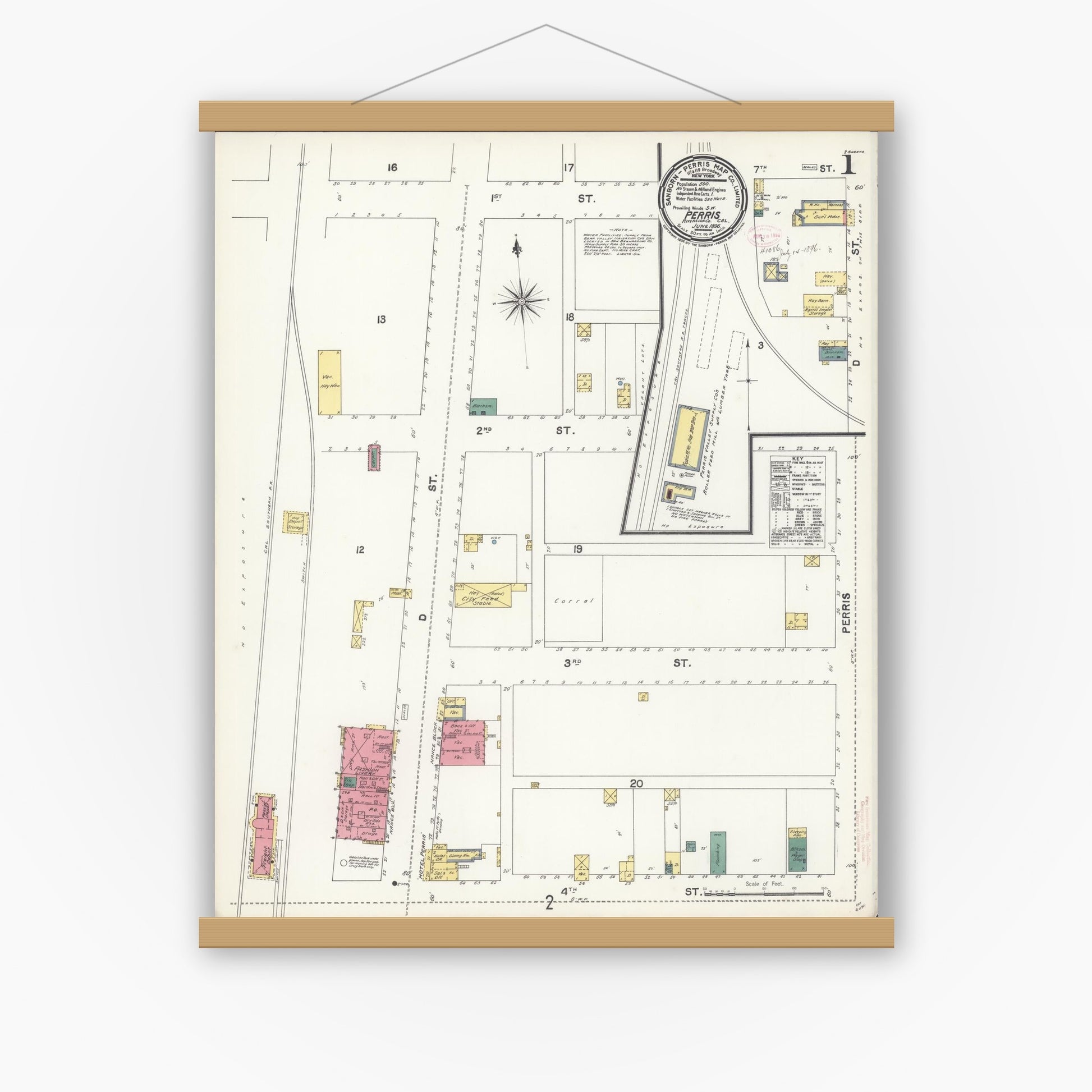 Old map wall art mockup — magnetic wood frame on white wall — Sanborn Fire Insurance Map from Perris, Riverside County, California (1896) - Complete Map Set