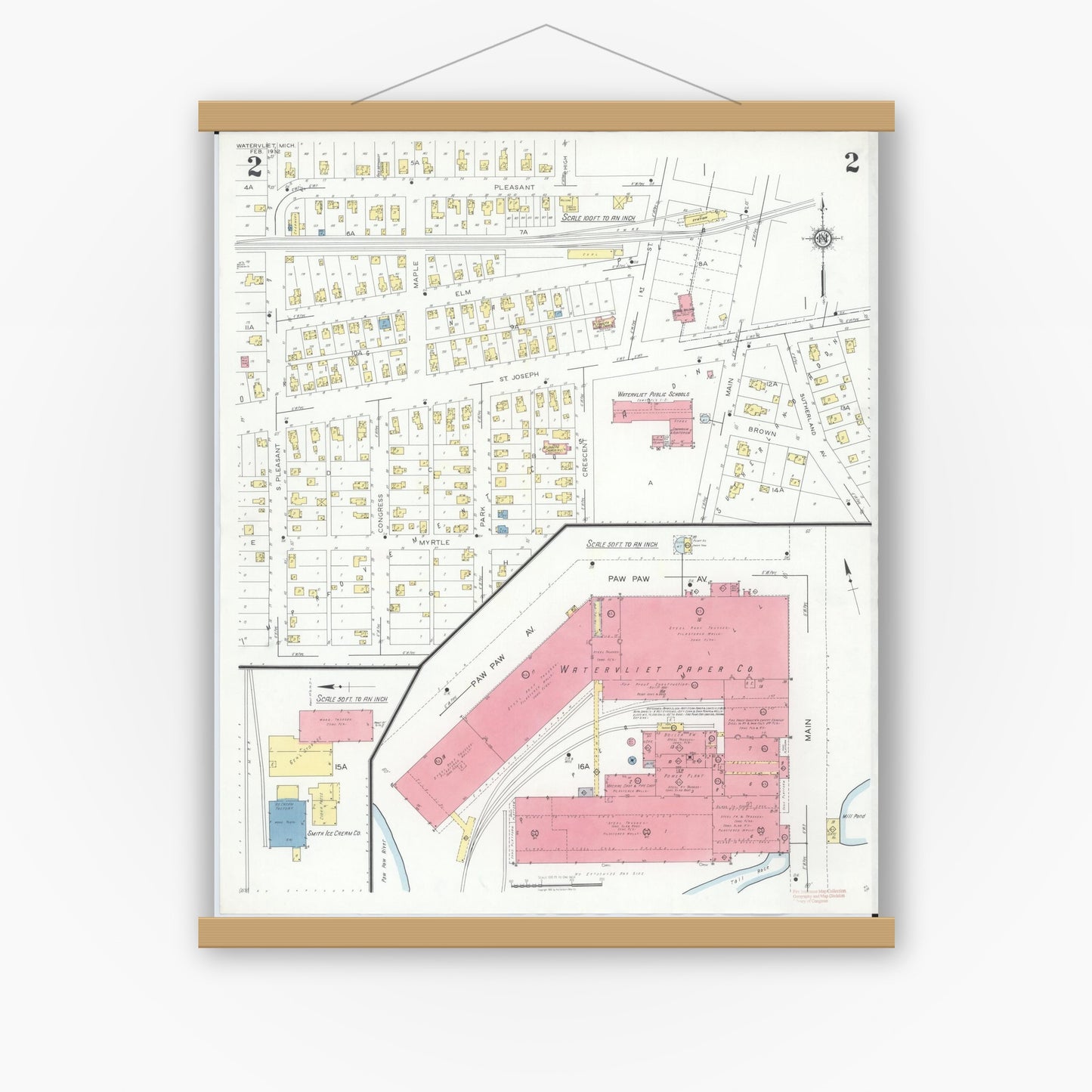 Old map wall art mockup — magnetic wood frame on white wall — Sanborn Fire Insurance Map from Watervliet, Berrien County, Michigan (1932), Sheet #0002