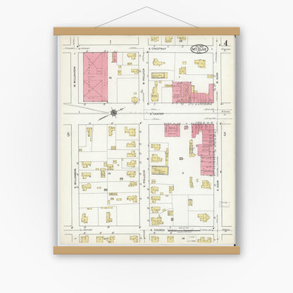 Old map wall art mockup — magnetic wood frame on white wall — Sanborn Fire Insurance Map from Mount Olive, Wayne County, North Carolina (1920), Sheet #0004