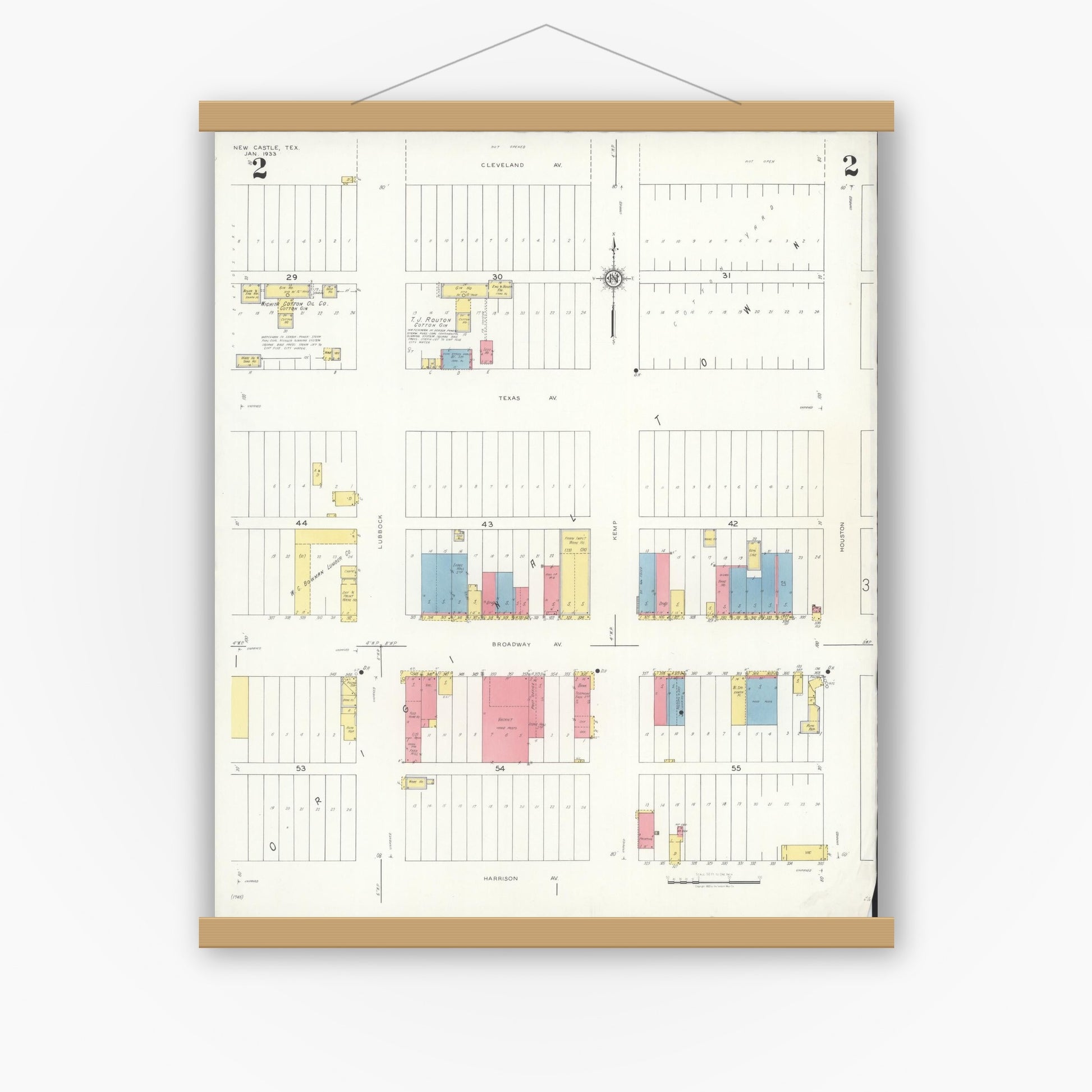 Old map wall art mockup — magnetic wood frame on white wall — Sanborn Fire Insurance Map from Newcastle, Young County, Texas (1933), Sheet #0002