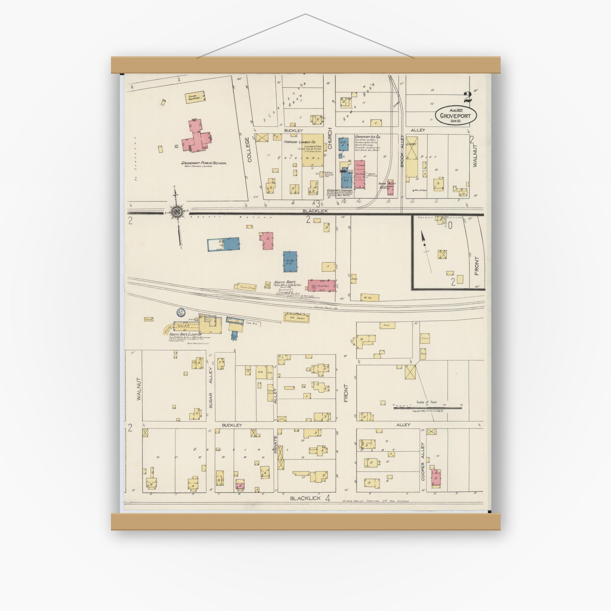 Old map wall art mockup — magnetic wood frame on white wall — Sanborn Fire Insurance Map from Groveport, Franklin County, Ohio (1922), Sheet #0002