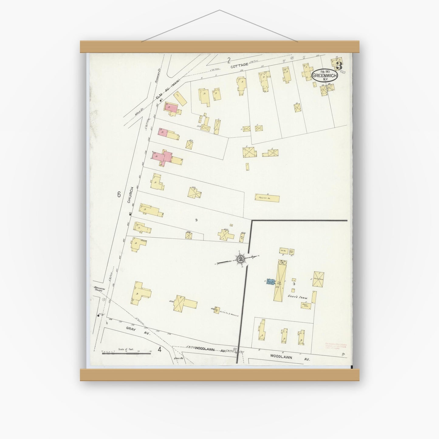 Old map wall art mockup — magnetic wood frame on white wall — Sanborn Fire Insurance Map from Greenwich, Washington County, New York (1913), Sheet #0003